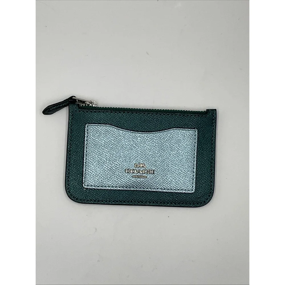 Coach Zip Top Card Case Wallet Metallic Blue Emerald Green F37571 Colorblock